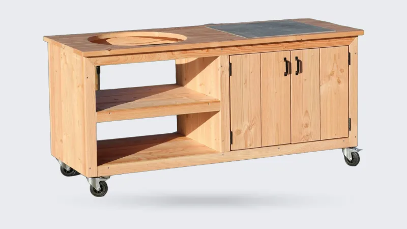 Barts Meubelen Buitenkeuken douglas 200cm, Buitenkeuken douglas 200 cm schuin van linksvoor op een terras met gazon en vijver op de achtergrond, zonder kamado