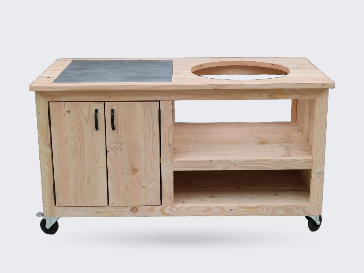 Barts Meubelen Buitenkeuken kamado douglas met tegel, Buitenkeuken kamado douglas met tegel recht van voren op een betonnen terras voor een bakstenen muur, zonder kamado