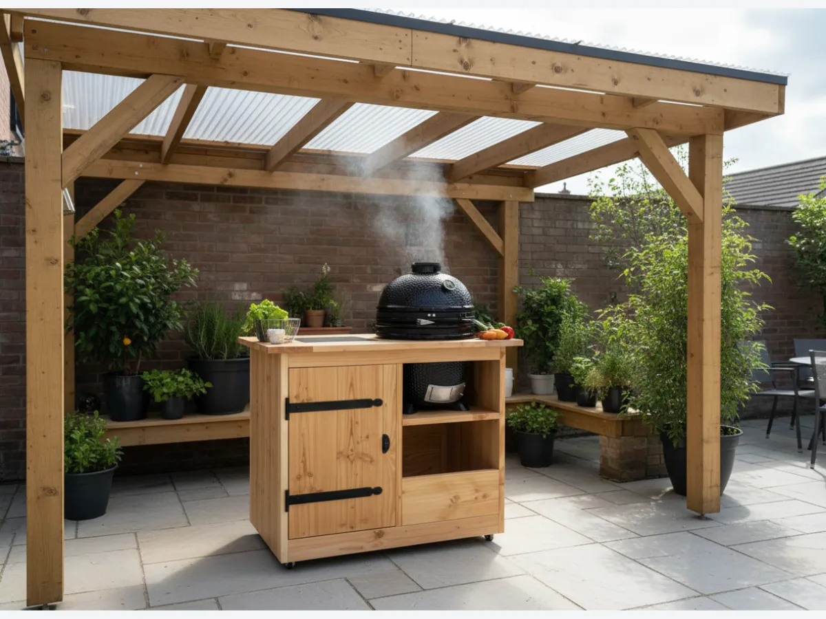 Buitenkeukendeal Athene, Buitenkeuken Athene met kamado onder een houten overkapping op een terras met planten, recht van voren