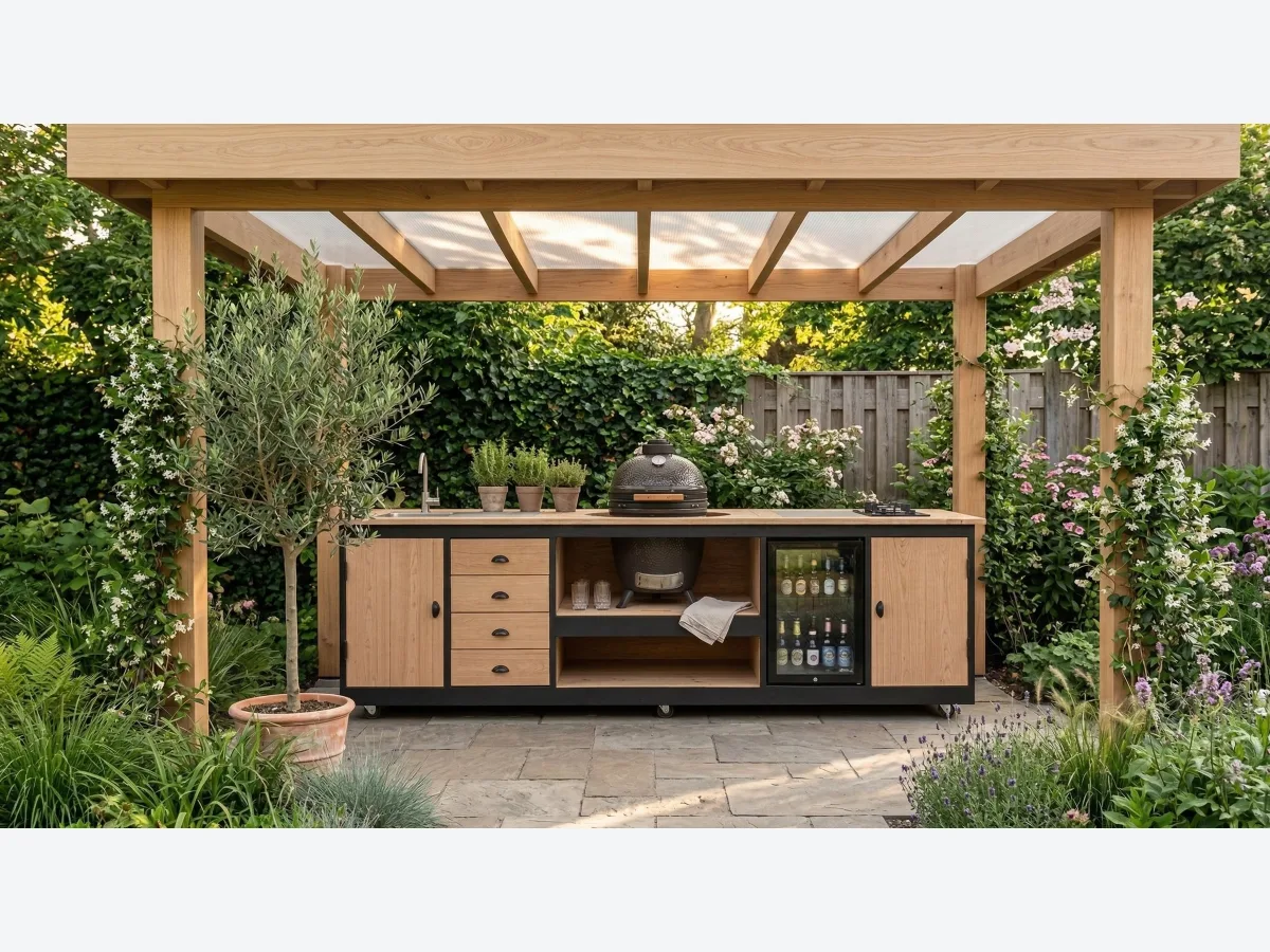 Buitenkeukendeal Dortmund, Buitenkeuken Dortmund met kamado onder een houten overkapping in een groene tuin, recht van voren