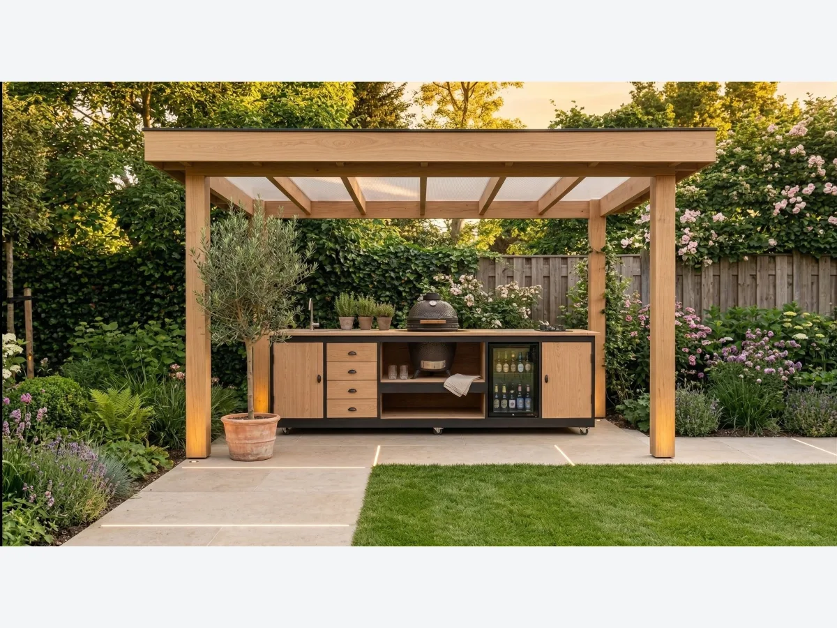 Buitenkeukendeal Dortmund, Buitenkeuken Dortmund met kamado onder een houten pergola aan een gazon, recht van voren