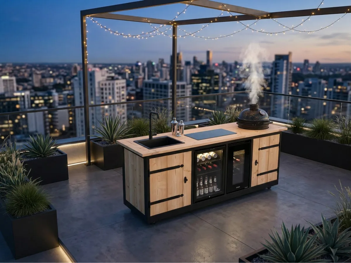 Buitenkeukendeal Marseille, Buitenkeuken Marseille met kamado op een dakterras met stadsgezicht in de avond, schuin van linksvoor