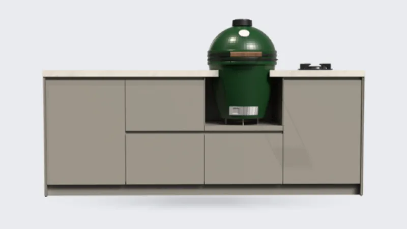 COOXS Concepts, Render van de Concepts Kamado 240 in basisuitvoering met Big Green Egg, recht van voren, transparante achtergrond (634 px breed, groter niet op de site)