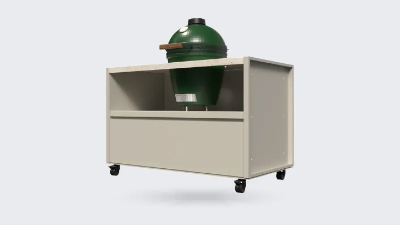COOXS Core, Render van de Core Kamado op wielen met Big Green Egg, driekwart van linksvoor, transparante achtergrond