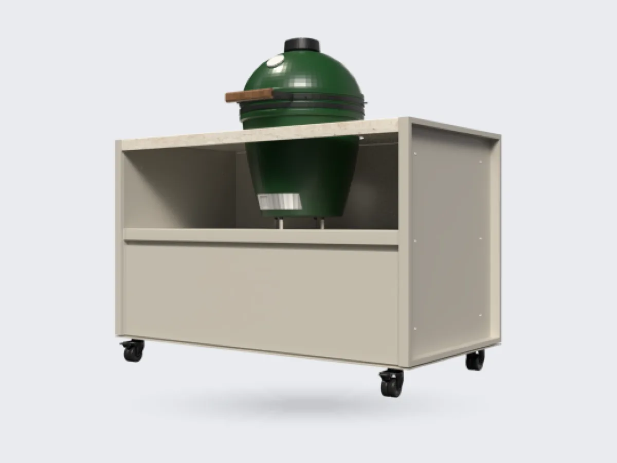 COOXS Core, Render van de Core Kamado op wielen met Big Green Egg, driekwart van linksvoor, transparante achtergrond (slechts 550 px breed, groter niet op de site)