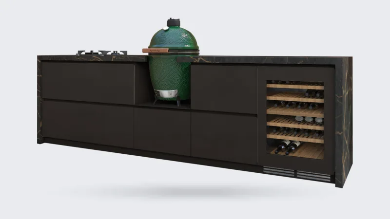 COOXS Create, Render van het Create maatwerkontwerp Extra genieten in donkerbruin met Big Green Egg, gaspitten en koelkast, driekwart van linksvoor, transparante achtergrond