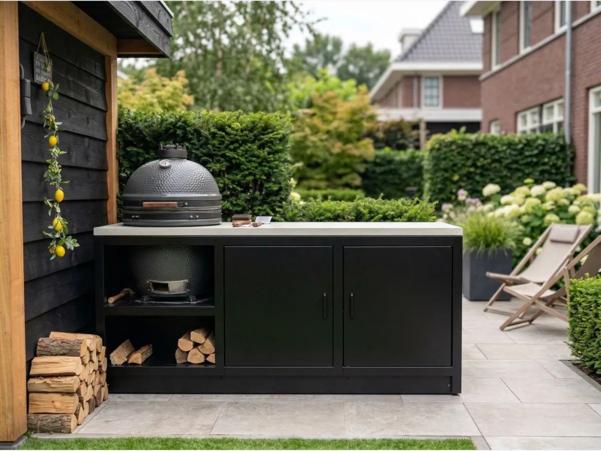 Fieldsman Modulaire buitenkeuken, Zwarte modulaire buitenkeuken met kamado en houtopslag onder een veranda met tuin op de achtergrond (portfolio Wezep)