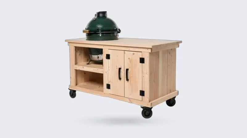 Fraaii Douglas, Render van de Douglas Storage met houten werkblad en Big Green Egg, driekwart van linksvoor op wit