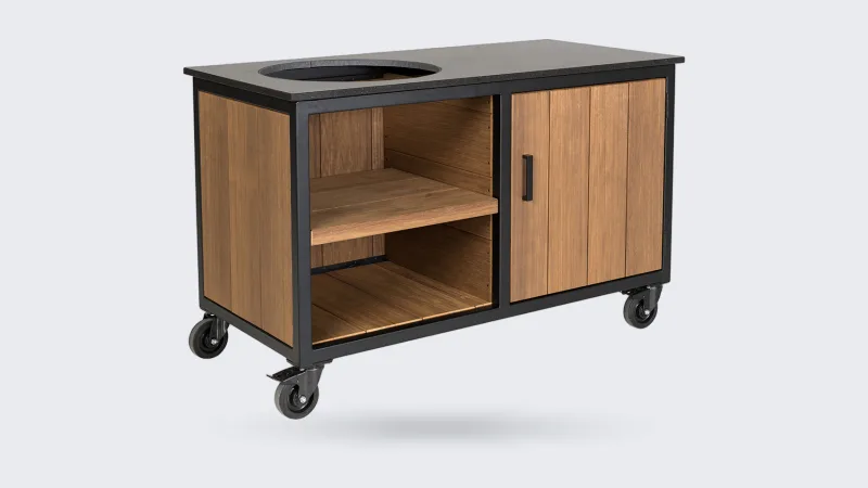 Fraaii Fraké, Render van de Fraaii buitenkeuken Fraké Storage, driekwart aanzicht op witte achtergrond, met uitsparing voor de kamado (zonder kamado)