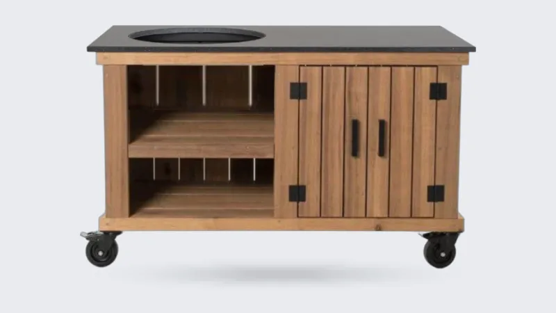 Fraaii Meranti, Render van de Meranti Storage met zwart werkblad, recht van voren op wit, zonder kamado