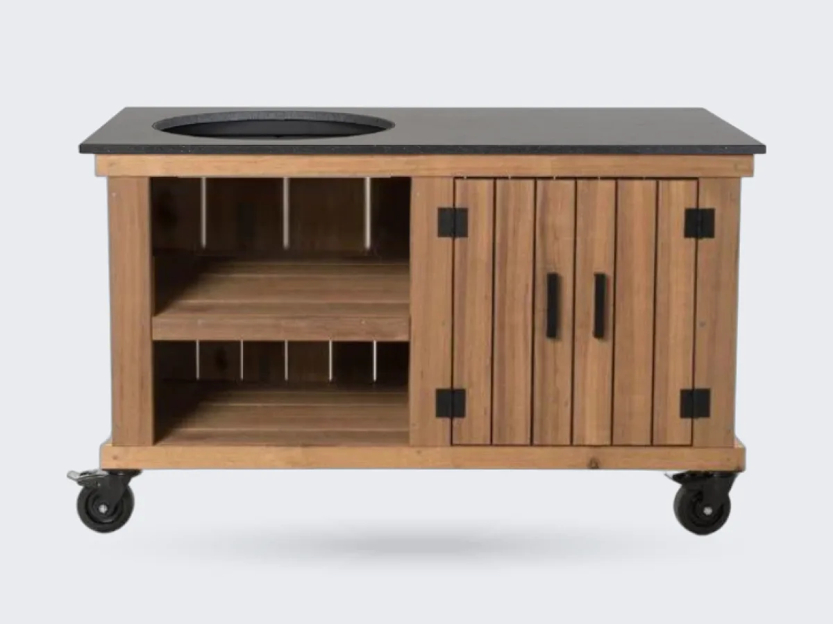 Fraaii Meranti, Render van de Meranti Storage met zwart werkblad, recht van voren op wit, zonder kamado (700 px breed)