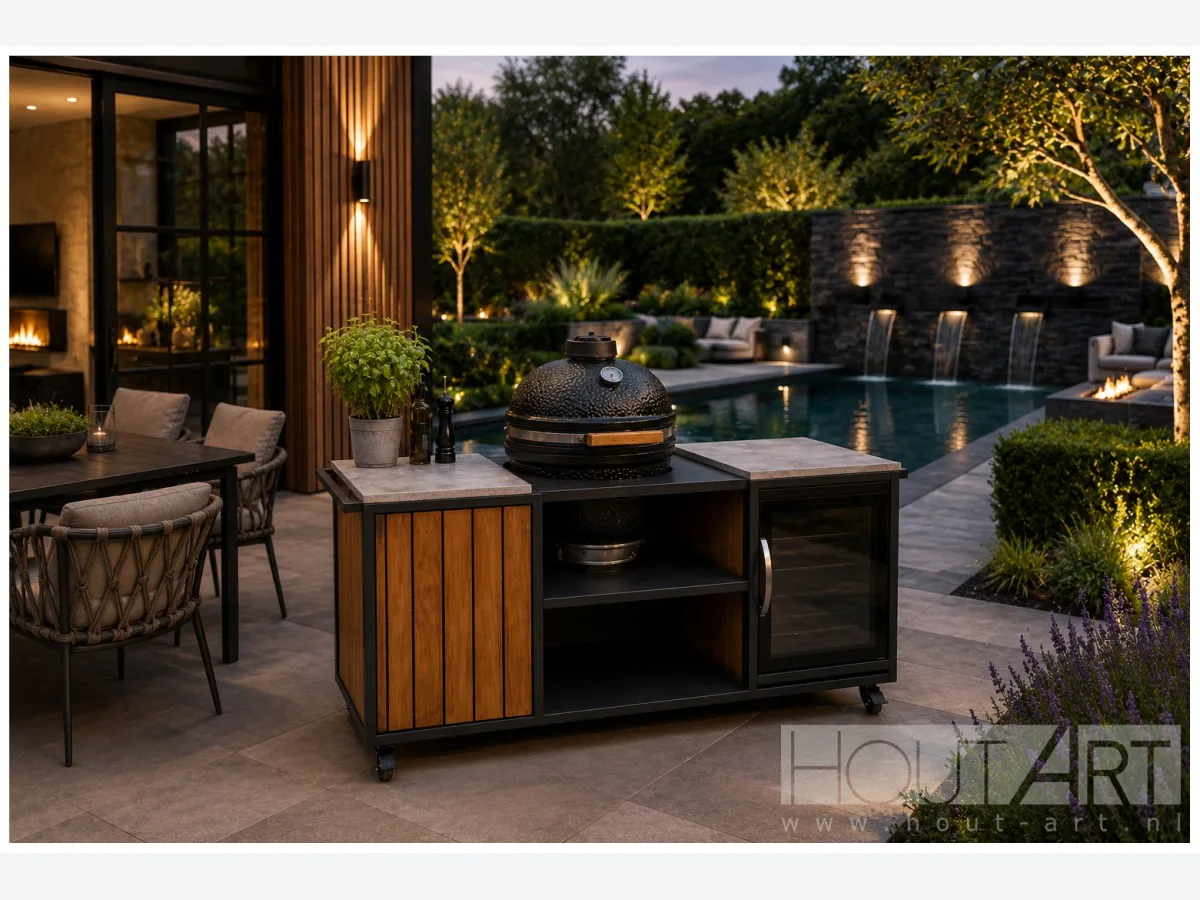 HoutArt Topline, Buitenkeuken Topline Dubbel Fridge met kamado en koelkast op een terras bij een zwembad in de avond
