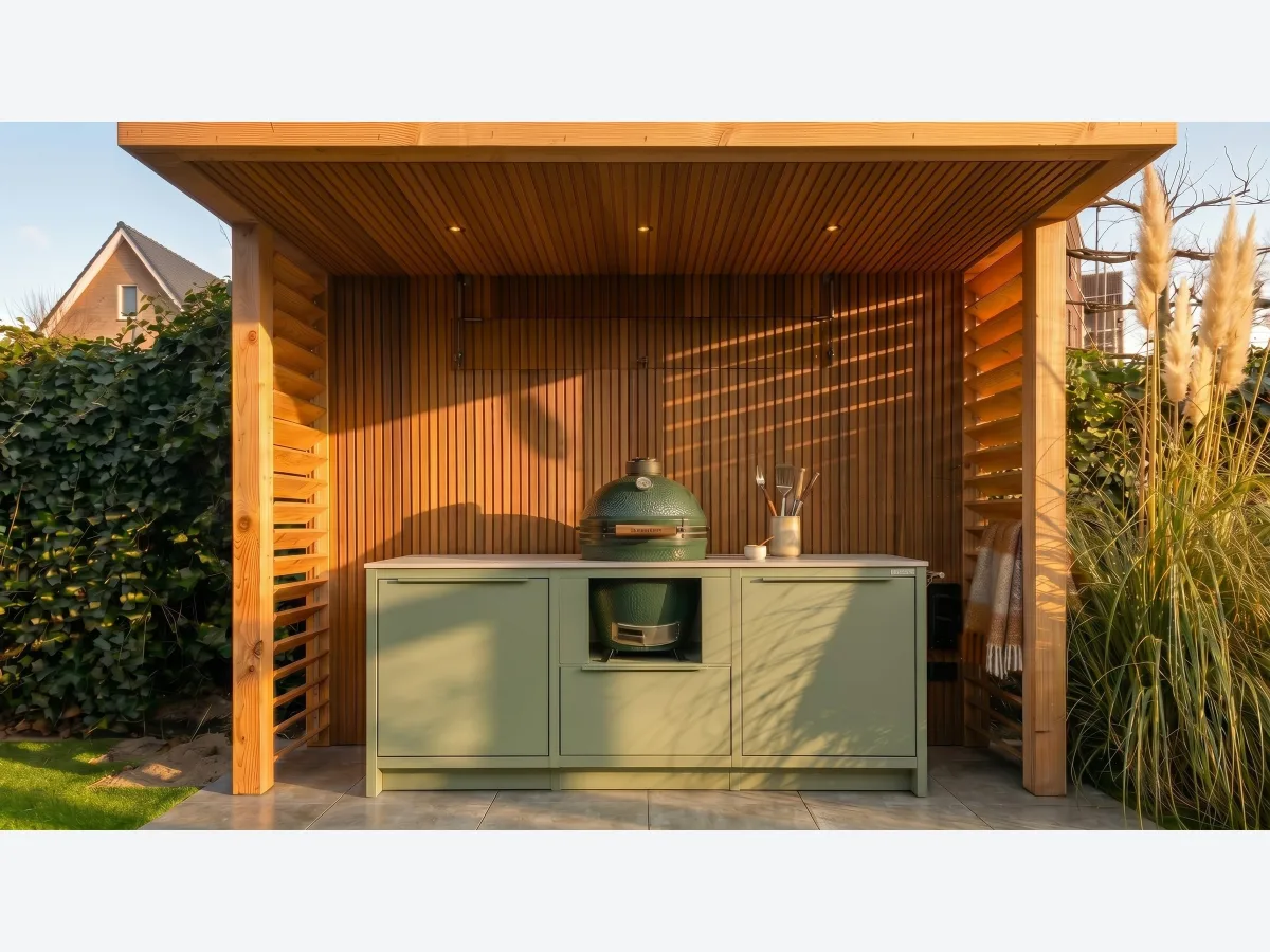 Rêveluxe Collection, Collection Cuisine Carré in olijfgroen met Big Green Egg onder een houten overkapping, project Schiedam