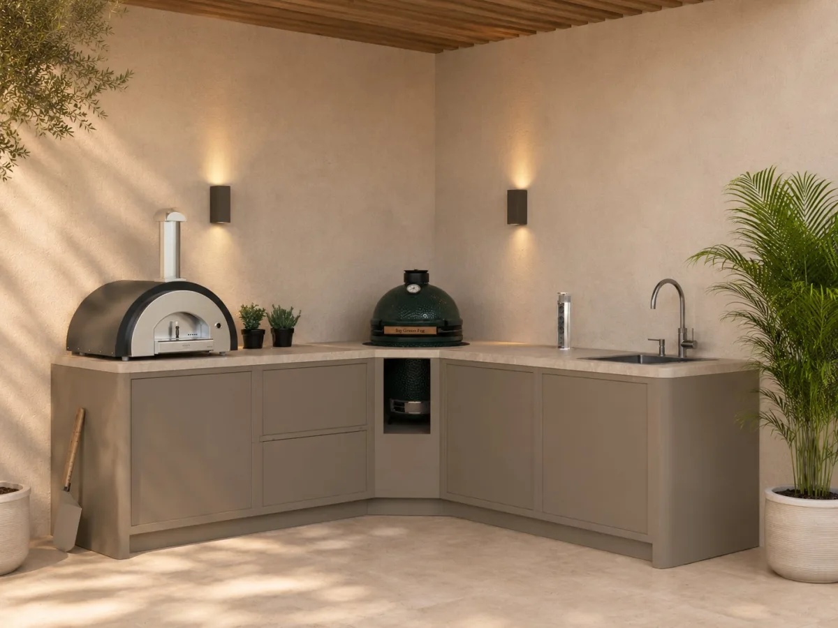 Rêveluxe Sur Mesure, Render van een Sur Mesure hoekopstelling in taupe met pizzaoven, Big Green Egg en spoelbak tegen een stucwand (1448 px breed, groter niet op de site)