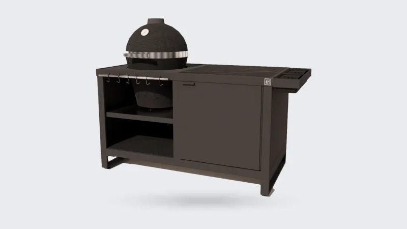 Roostr Rubix, Rubix Duo met kamado, houten deur en haken, render uit de configurator van Roostr