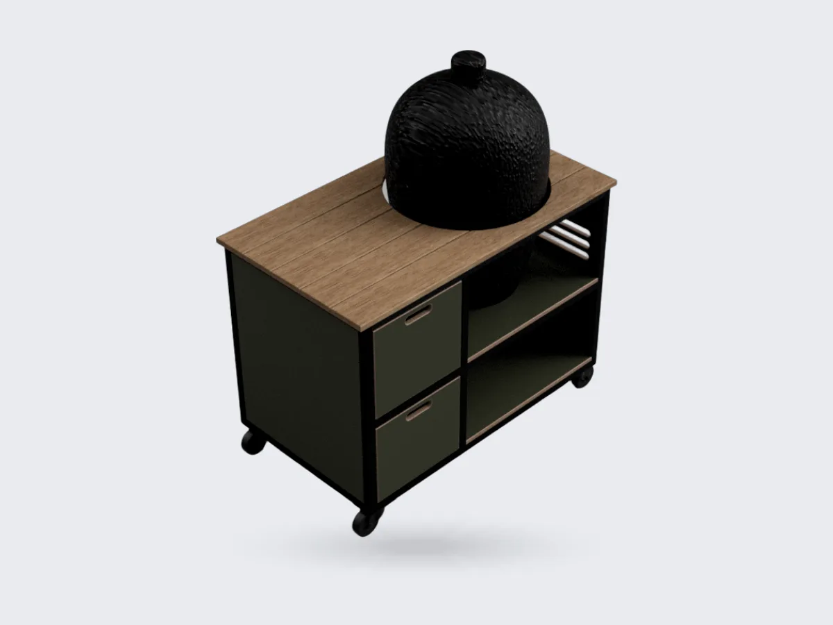 Studio RUUB Buitenkeuken staal en hout, Render van de buitenkeuken staal en hout met zwart stalen frame, olijfgroene ocoume kast, frake werkblad en zwarte kamado, driekwart van linksvoor op grijze achtergrond (977 px breed, grootste versie op de site)