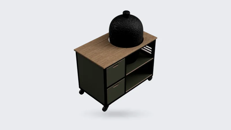 Studio RUUB Buitenkeuken staal en hout, Render van de buitenkeuken staal en hout met zwart stalen frame, olijfgroene ocoume kast, frake werkblad en zwarte kamado, driekwart van linksvoor op grijze achtergrond